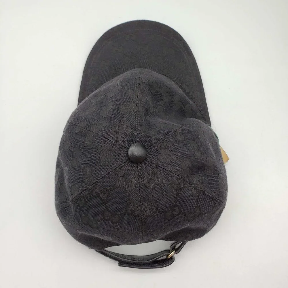 100% Authentic Gucci Cap Black Canvas Leather Hat Unisex - Picture 5 of 11